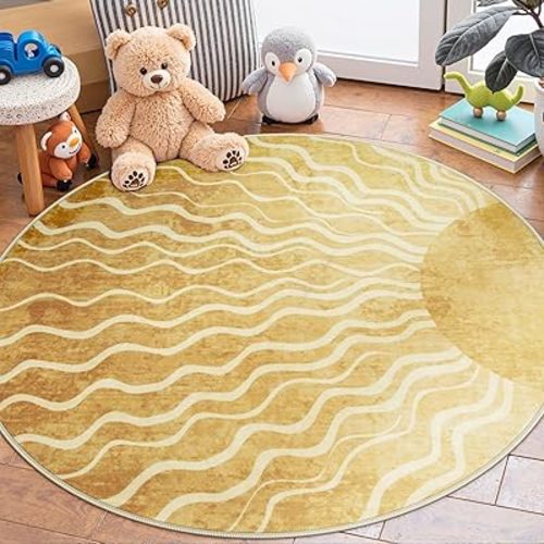 Wonnitar Sun Round Rug 4ft, Boho Soft Circle Rug for Kids Playroom Nursery, Gradient Yellow Washable Round Carpet for Bedroom Non-Slip Circle Carpet for Living Room Classroom