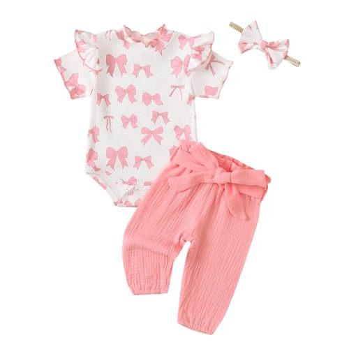SUNNY PIGGY Newborn Baby Girl Clothes 4Pcs Cute Infant Fall Winter Outfits | 0-18 Months,Toddler Girl Clothing Set,Cute Ruffle Long Sleeve Romper,Casual Floral Pants with Bow Headband,Newborn Essentials