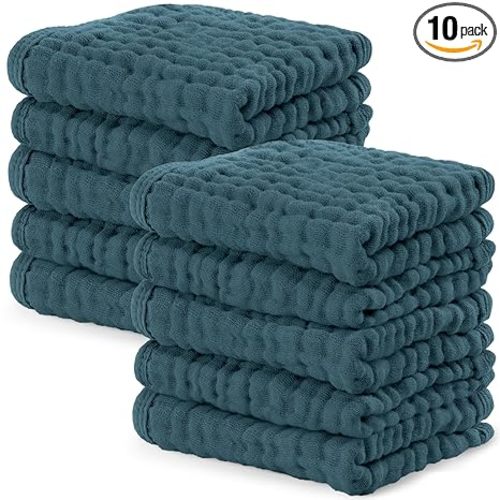 Comfy Cubs Muslin Baby Washcloths 10 Pack - Soft 6-Layer Cotton Wash Cloths for Sensitive Skin - 10"x10" Large, Gentle, Absorbent Infant Essentials for Newborn and Toddlers - Neptune