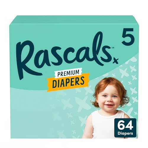Rascals Premium Absorbent Baby Diapers with Deep Pocket and Triple Leak Guards for Blowout Protection (5-64ct)