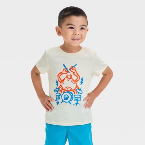 Toddler Boys' Short Sleeve Drummer Crab Graphic T-Shirt - Cat & Jack™ Beige 4T: Crew Neck, Jersey Fabric