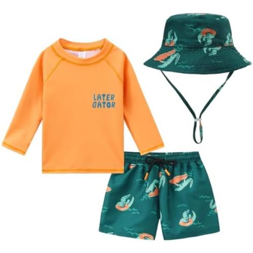 Baby Boys Swimsuit Trunk and Rashguard Set Sun Hat UPF 50+ Toddler Bucket Hat