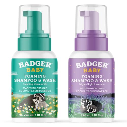 Badger Foaming Baby Shampoo and Body Wash, Gentle Organic Baby Wash Combo Pack, 1 Chamomile & 1 Lavender, Long Lasting Foam & Easy to Use Sustainable Bottle, 10 fl oz, 2-Pack