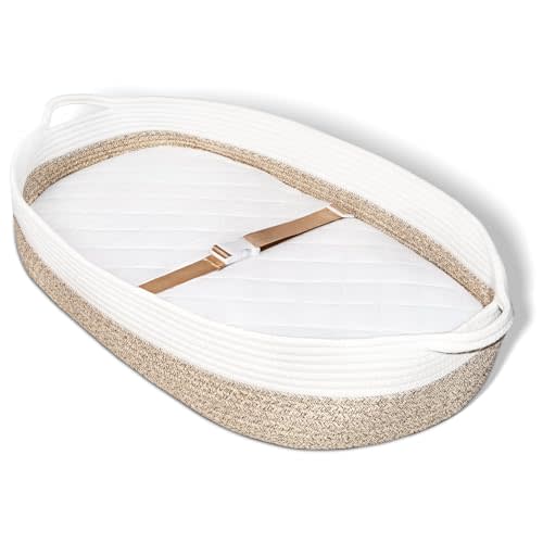 JVEOO Baby Changing Basket with Diaper Changing Pad, Breathable & Waterproof Dual-Cover Foldable Portable Travel Cotton Rope Baby Changing Mat for Dresser & Table Gift for Baby Shower