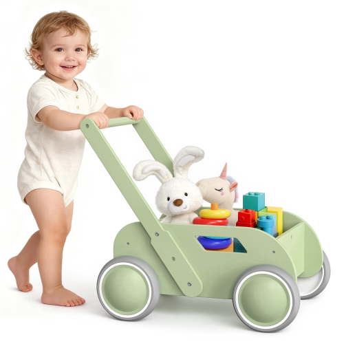 Wooden Baby Walker, Push and Pull Learning Walk Toys for Infants to Toddler, Boys Girls, Gift for Birthday Christmas Green