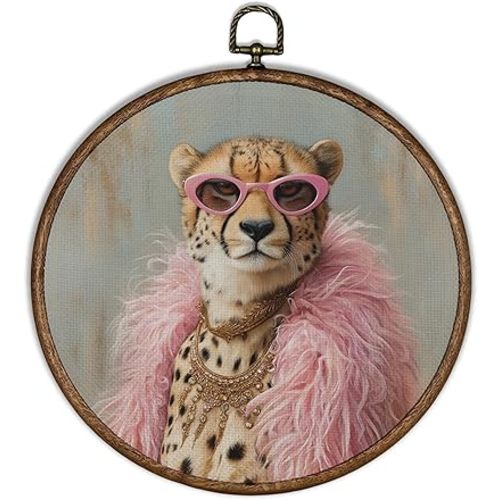 XBBMGG Retro Cheetah Wall Art Decor, Funky Maximalist Pink Cheetah Sunglasses Round Wall Hanging Decor, Preppy Leopard Animal Framed Canvas Prints for Girly Room Bedroom Dorm Decorations,10x10inch