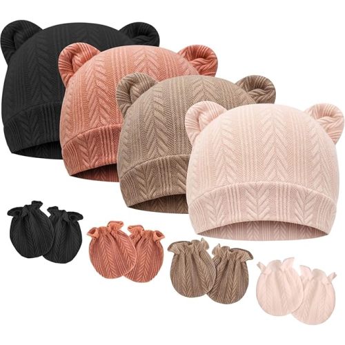 BQUBO Newborn Baby Hats Bear Ears and Mittens Sets Preemie Caps Baby Boy Girl Infant Hospital Beanie for 0-3 Months