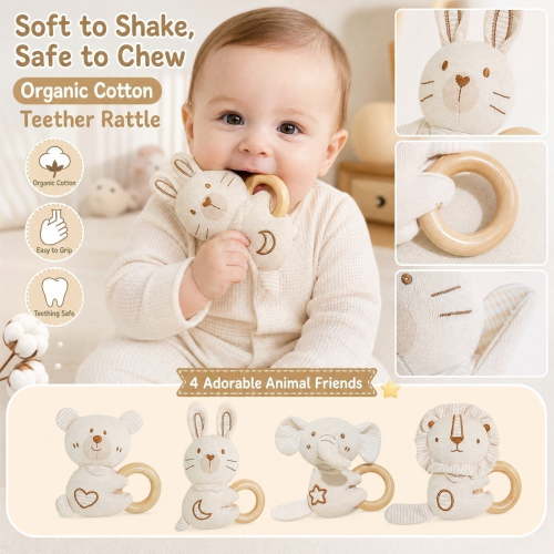 Kiddiway Baby Wooden Ring Rattle Teether with Cotton - Organic Cotton Baby Toys, Plush Figurine & Cute Plushies, Natural Wood, Soothing Sensory, Easy-Grip, Car Stroller Hanging,a