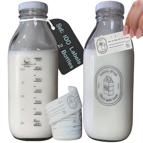 Breast Milk Pitcher with Lid- Set of 2 & Labels-32oz Airtight Leakproof Breastmilk Storage Containers for Fridge- Easy Clean Durable Glass Bottle- Dishwasher Safe Formula Pitcher- Dissolvable Labels