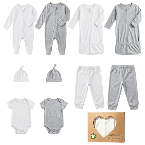 Aablexema Organic Cotton Unisex Baby Layette Registry Clothes Set | 10Pcs Newborn Welcome Home Clothes Gift Set with Night Gowns, Zip Up Footie Pajamas, Bodysuit, Pant, Hat, Gift Box