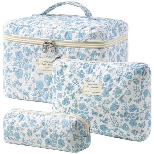 HBselect Quilted Makeup Bag, 3PCS Cotton Large Travel Makeup Bag, Cute Floral Coquette Make up Bag Cosmetic Bag Toiletry Bag for Women Girls