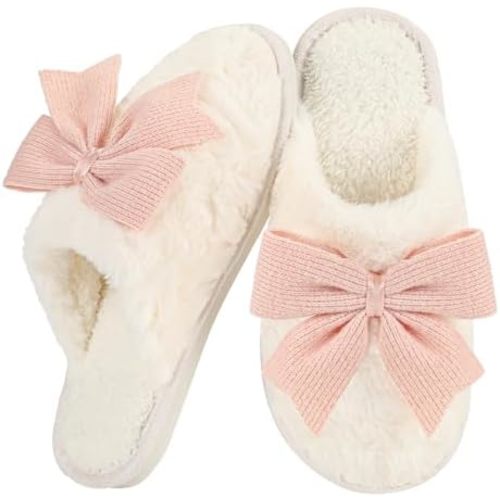 Women's Cute Bow Slippers Cartoon House Fur Shoes Cozy Indoor Momory Foam Outdoor