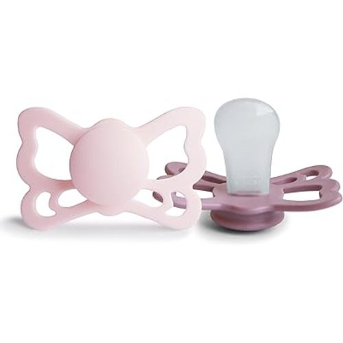 FRIGG Butterfly Anatomical SilkySoft Silicone Baby Pacifier | Made in Denmark | BPA-Free (White Lilac/Twilight Mauve, 6-18 Months)