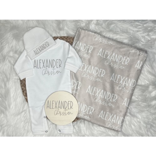 Newborn Boy Swaddle Blanket and Hat Set with Custom Baby Romper Coming Home set