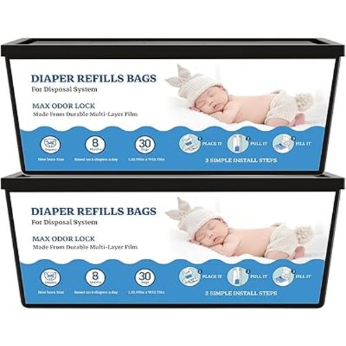 Diaper Refill Bags Compatible with Genie Easy Roll & Platinum Diaper Pails, 7-Layer Odor Control, Extra Thick, Holds up to 2800 Newborn Diapers,2-Pack(60 Bags)