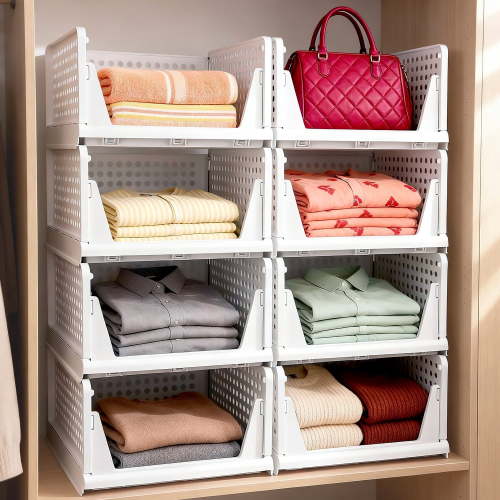 Taimasi 5 Pack Stackable Closet Storage Basket, Multifunctional Foldable Closet Organizer for Kitchen Bathroom Laundry Room Wardrobe Storage, Space-Saving Clothes Storage Drawer Organizer, White