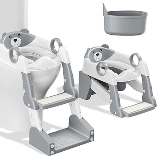 Potty Training Seat, 2-in-1 Toddler Toilet Training Seat & Potty Chair for Kids Boys Girls, Height Adjustable Toilet Seat with Splash Guard, Stable Wide Base Design, Anti-Slip Steps Stool