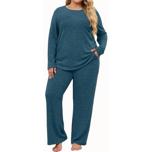 Koscacy Womens Plus Size Lounge Sets 2 Piece Casual Long Sleeve Top and Pants with Pockets