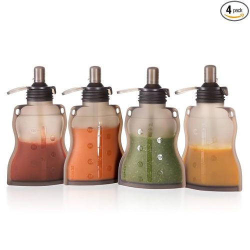 haakaa Reusable Baby Food Pouches Refillable Baby Squeeze Silicone Yummy Pouch, Soft Reusable Squeeze Storage Food Pouch for Kids Toddler,Home Made Food Puree,Smoothie Pouch Bag, 4oz, 4 Pack,6m+