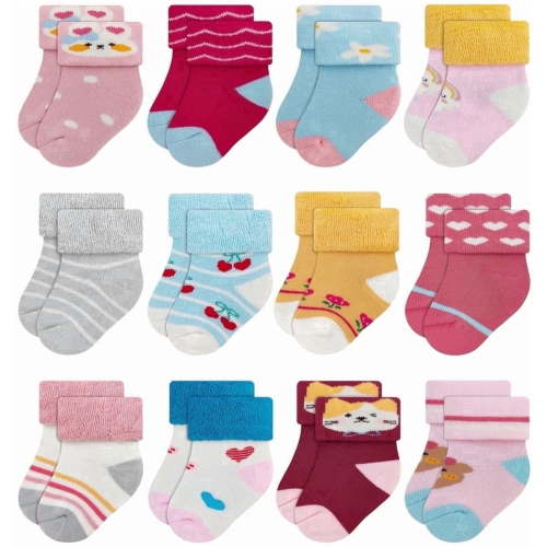 RATIVE Newborn Socks Thick Terry Turn Cuff Socks for Unisex Baby Boys and Girls (0-6 months, 12-pairs/BG22)