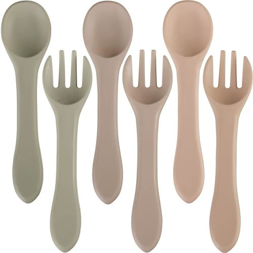 Nuenen 6 Pieces Silicone Baby Feeding Forks and Spoons Set Hot Safety First Stage Self Feeding Supplies Mini Kids Utensils for over 6 Months Babies Boy Girl Toddlers First Foods (Cream Color)
