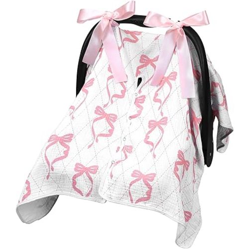 Tegeme 2-in-1 Pink Bow Muslin Baby Car Seat Cover Breathable Multi-use Nursing Infant Car Seat Cover Windproof Canopy for Breastfeeding Strollers Carriers
