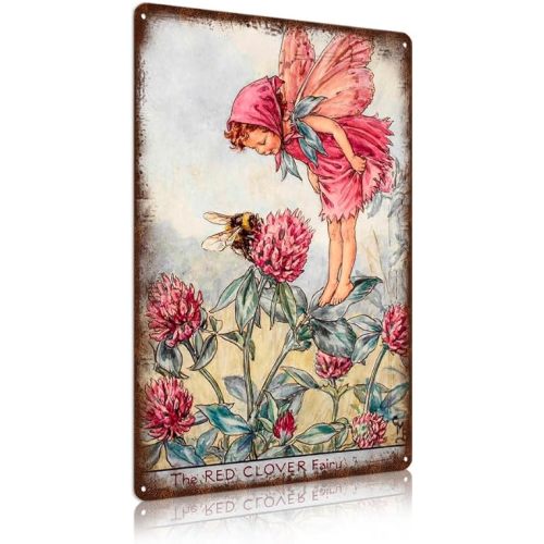 Flower Fairy Wall Decor Vintage Metal Tin Signs Fairy Garden Accessories - The Red Clover