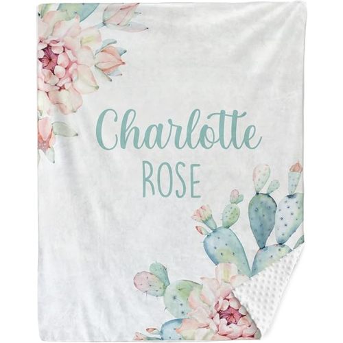 Personalized Baby Blanket Custom Dotted Backing with Name 35x45in Nursery Blankets Gifts for Newborn Baby Boy and Girl Custom Baby Blanket Newborn Holiday Shower Gift, Cactus