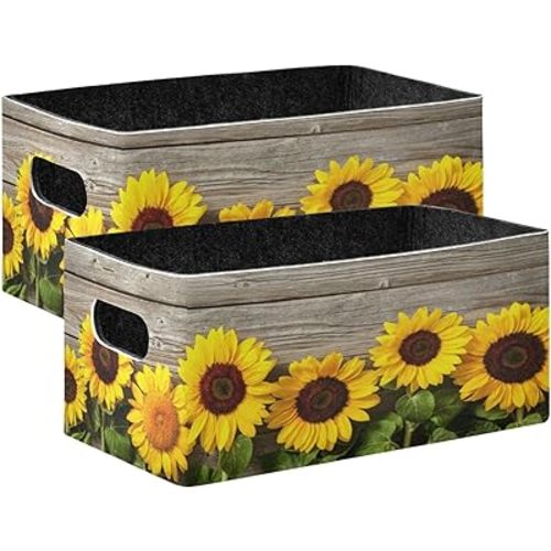Emelivor Fall Sunflowers Yellow Storage Basket Bins Set (2pcs) Felt Collapsible Storage Bins with Fabric Rectangle Baskets for Organizing for Nursery ,Kids Room,Clothes,Towels,Magazine