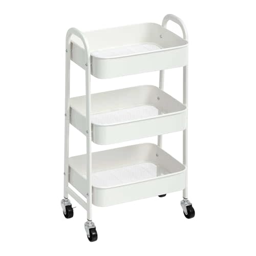 AGTEK 3 Tier Utility Rolling Cart with Lockable Wheels, Metal Multifunctional Storage, Organizer Cart for Kitchen, Office, Living Room, Makeup, Craft, Art Studio, White