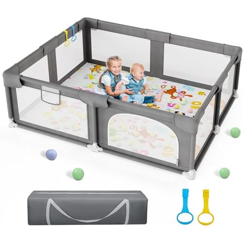 Palopalo Baby Playpen, 71"x59" Extra Large Playard for Babies and Toddlers, Baby Activity Center with 8 Suction Cup Bases, Infants Play Pen with Gate and Soft Breathable Mesh, Without Mat