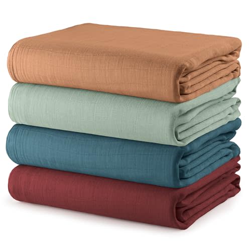 Comfy Cubs Muslin Swaddle Blankets Pack of 4, 47 x 47 Inches, Soft Cotton Baby Blanket Set, Large Multipurpose Swaddling Wraps for Newborns - Self-Soothing Swaddle - Wine, Neptune, Fern, Caramel