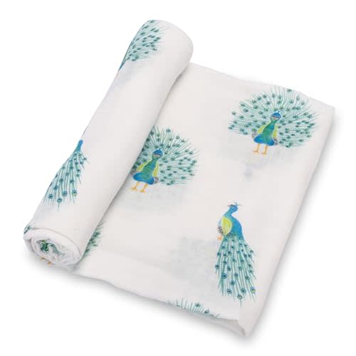 LollyBanks Baby Muslin Swaddle Blanket, Soft Baby Girl 47 x 47 Inches, Newborn Blanket for Girls, Registry (Peacock Print, Animal)