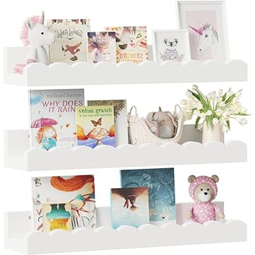 Yirilan 3-Pack Scalloped Shelves, Nursery Shelves for Wall, Floating Nursery Book Shelves for Kids, White