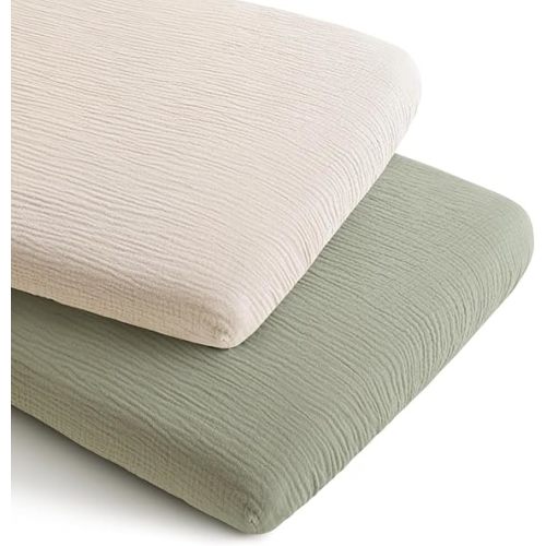 Konssy 2 Pack Muslin Bassinet Sheets for Boys, Girls, 100% Cotton Soft Breathable Fitted Bassinet Mattress Sheet, 33 x 21 inches (Fog Green,Cream)