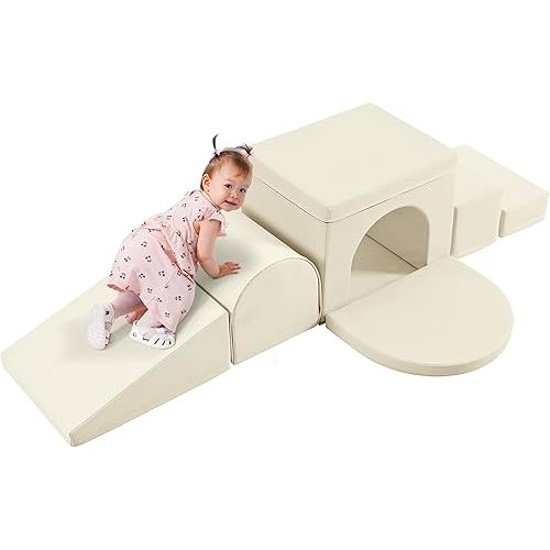Merax Indoor Soft Foam Tunnel Climber, Toddler Climbing Toys with Tunnel, Steps and Ramp, Soft Climb and Crawl Playset Baby Soft Foam Blocks, 7-piece