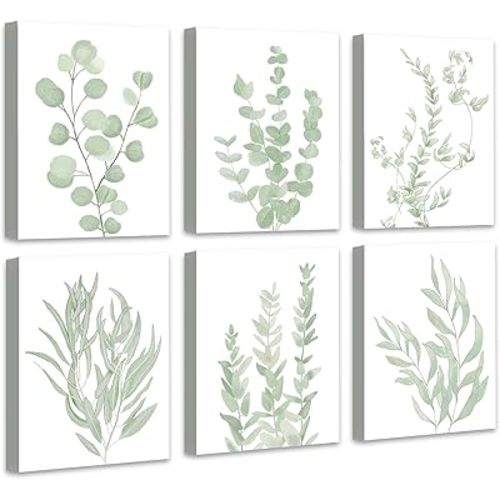 Botanical Eucalyptus Canvas FRAMED Wall Art,Boho Plant Wall Decor for Bedroom,Minimalist Prints for Living Room,Light Green Botanical Art Painting for Bathroom,Set of 6,8”x 10”