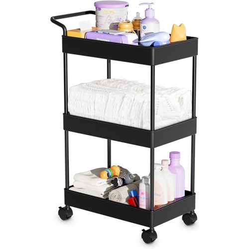 Baby Diaper Caddy – Plastic Diaper Organizer for Nursery Essentials, Movable Cart for Changing Table & Crib, Easy to Assemble, Black