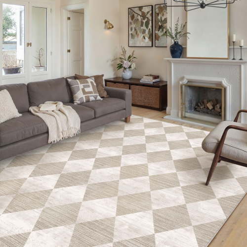 BERTHMEER 6'x9' Area Rugs for Living Room Bedroom Kitchen Rugs Washable Non Slip Office Dining Room Farmhouse Geometric Modern Rhombus Checkered Contemporary Rugs Carpets,Beige