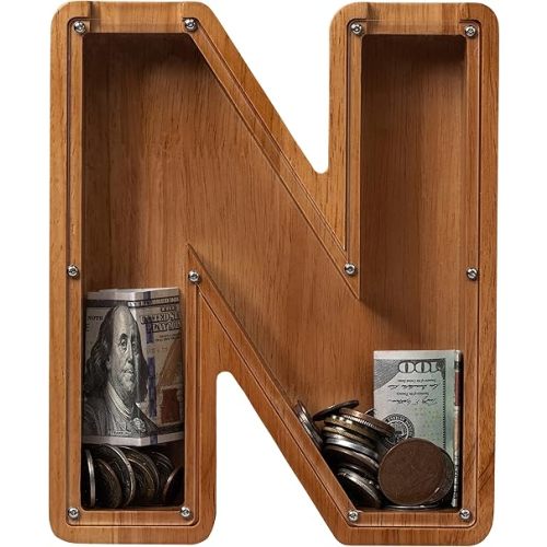 ladenk 12 Inch Extra Large Wooden Kids Letter Piggy Bank - Piggy Bank for Boys Girls - Initial N Bank - Alphabet Money Bank for Birthday