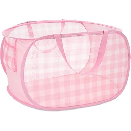 Sturdy Collapsible Laundry Baskets - Pop Up Laundry Hampers with Handy Pocket, Foldable Clothes Hamper with Reinforced Carry Handles for Bathroom, Kids Room, Dorm or Travel - Check Print, Pink