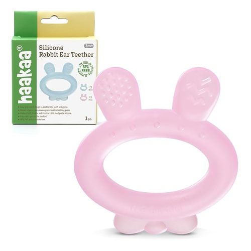 Haakaa Silicone Baby Teether - Rabbit Ear Frozen Teething Toy for Babies 3-6 Months- Cold Teething Relief - BPA Free Silicone-Pink