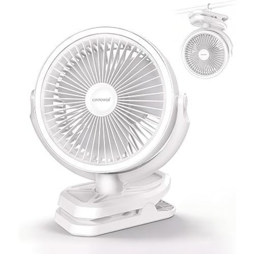 Clip on Fan 16000mAh: Portable Rechargeable Clamp Fan for Stroller Bed Camping Tent Golf Cart - Quiet Battery Operated with 3 Speed Strong Airflow LED Light Hook for Office Desk Outdoor (White)