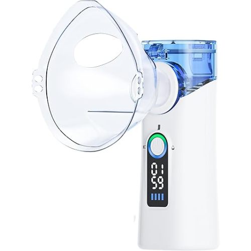 Portable Nebulizer for Adults and Kids, Handheld Nebulizer with LED Display, Auto-Cleaning Function, Quiet USB Rechargeable Nebulizer for Home & Travel OTC Blue Inhaler Spacer