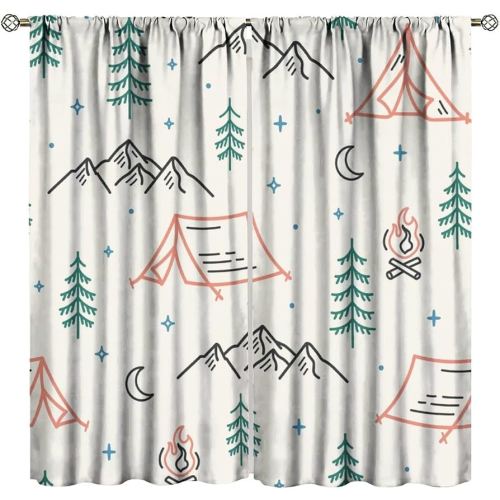 Camping Blackout Window Curtains, Cartoon Camping Outdoor Scene Boho Tents Forest Window Drapes, for Kids Girls Boys Living Room Bedroom 27.5(W)*63(L) 2 Panels