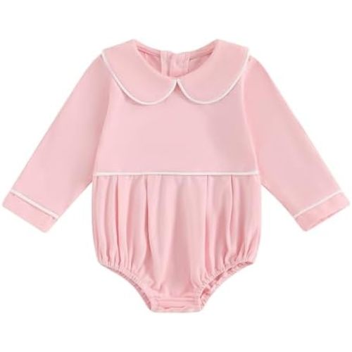 Suolongsama Baby Girl Clothes Newborn Long Sleeve Peter Pan Romper Smocked Bubble Bodysuit Shirts Fall Winter Clothes 0-24M