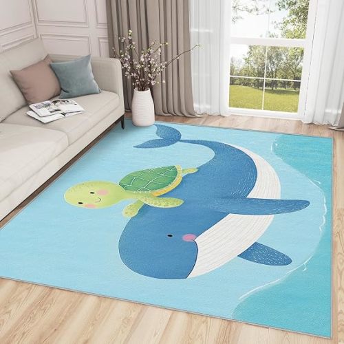 Whale Rug for Nursery - Ocean Animals Rug, 5x6 Area Rug, Sea Turtle and Whale Washable Rugs for Bedroom, Cute Cartoon Animal Living Room Area Rug, Kids Boys Girls Home Decor, Turtle Gifts for Kids