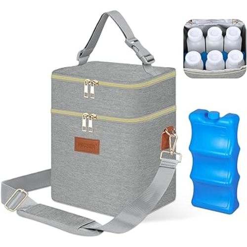 PIIOSER Breastmilk Cooler Bag with Ice Pack Fits 6 Baby Bottles Up to 9 Ounce, Insulated Baby Bottle Tote Bags, Double Layer Waterproof Leak-Proof with Shoulder Strap for Nursing &Working Mom