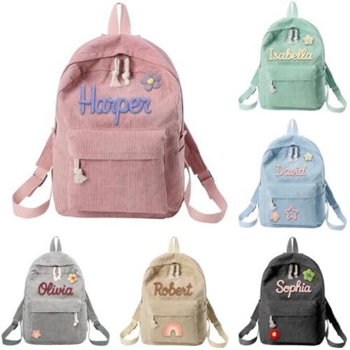 Personalized Corduroy Backpack for Girls & Boys, Custom School Bag with Cotton Rope Woven, Monogram Book Bag for Toddlers and Kids Back to School Gifts