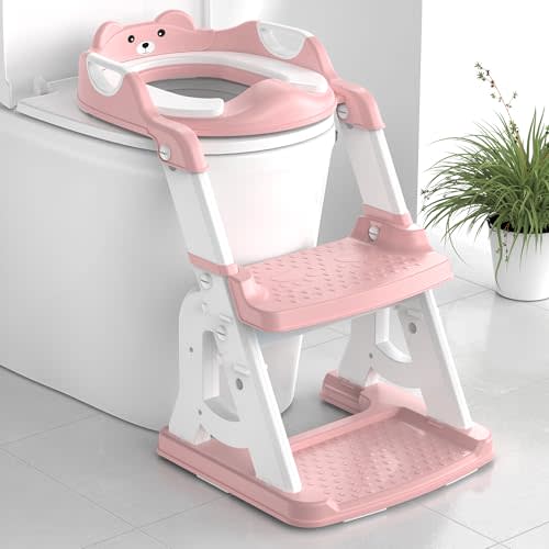 Meulife Potty Training Seat, Upgrade 2 in 1 Potty Training Toilet for Toddler, Toddler Toilet Seat for Boys Girls with Support Bar, Anti-Slip Pad and Step Stool (Pink)